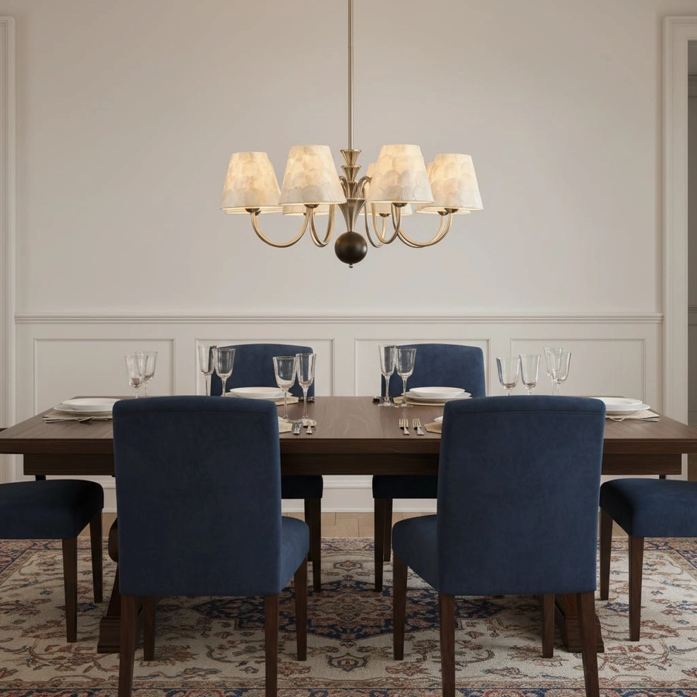 Capiz shell chandelier suspended in quiet formal dining room featuring navy blue velvet dining chairs