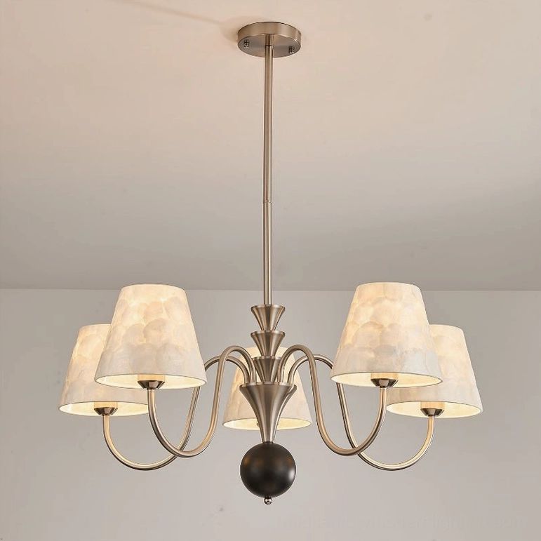 Maeve capiz chandelier front view showing brushed bronze frame with iridescent shell panels