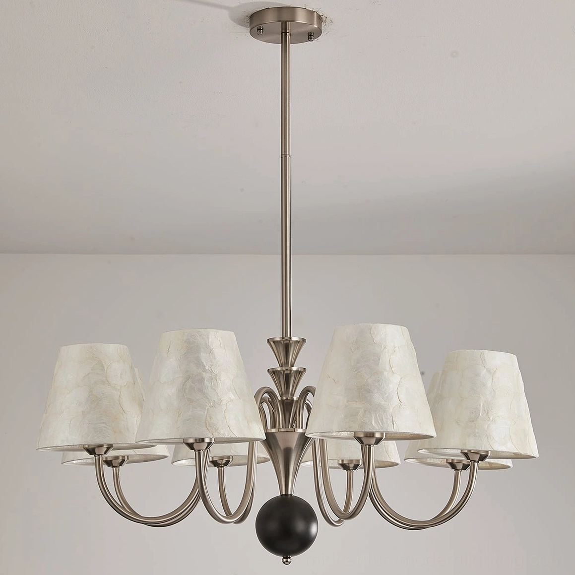 Capiz chandelier suspended from adjustable rod showing installation mounting hardware and walnut frame option
