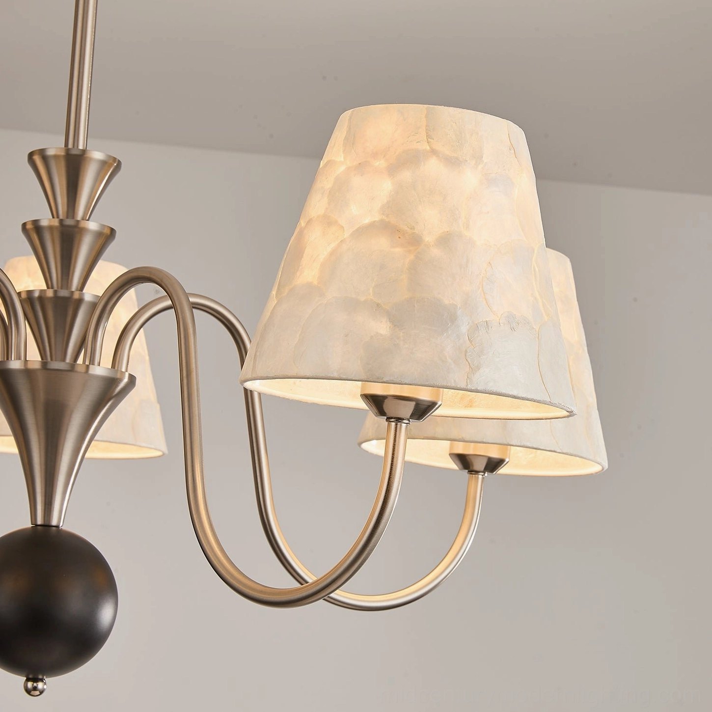 Capiz chandelier with LED bulbs installed showing warm color temperature and modern energy efficiency