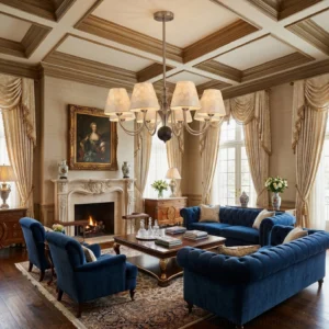 Capiz shell chandelier installed in luxury traditional living room with coffered ceiling and navy velvet seating