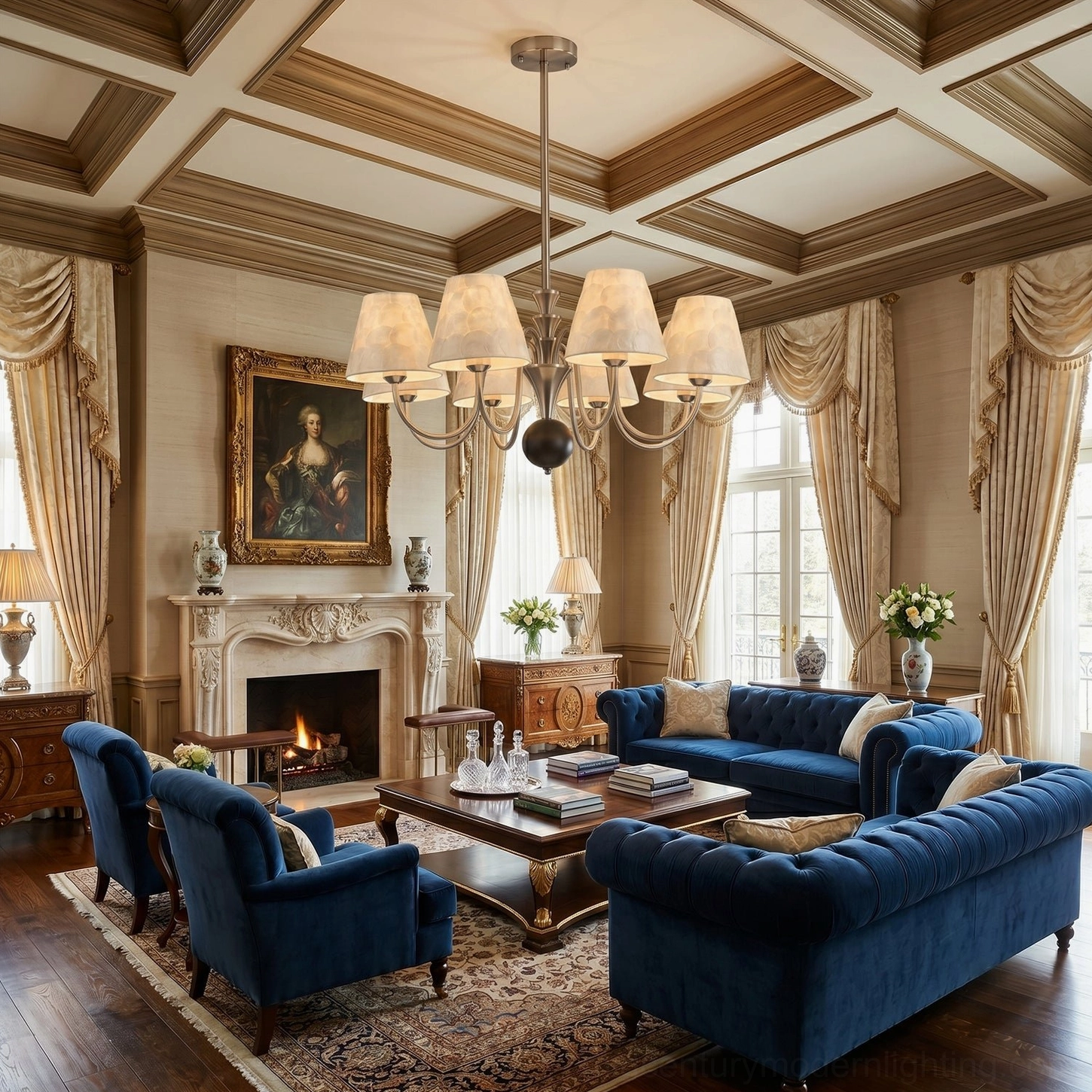 Capiz shell chandelier installed in luxury traditional living room with coffered ceiling and navy velvet seating