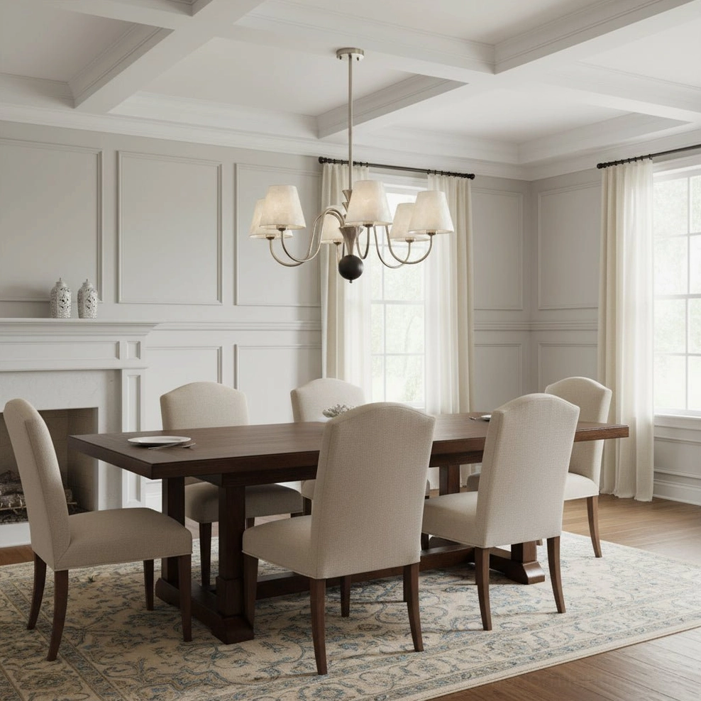 Modern coastal chandelier with capiz shells above formal dining space with wainscot walls and neutral upholstered seating