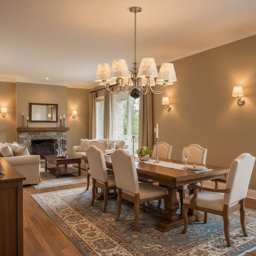 Capiz shell fixture in open-plan dining and living area with neutral decor and light upholstered chairs