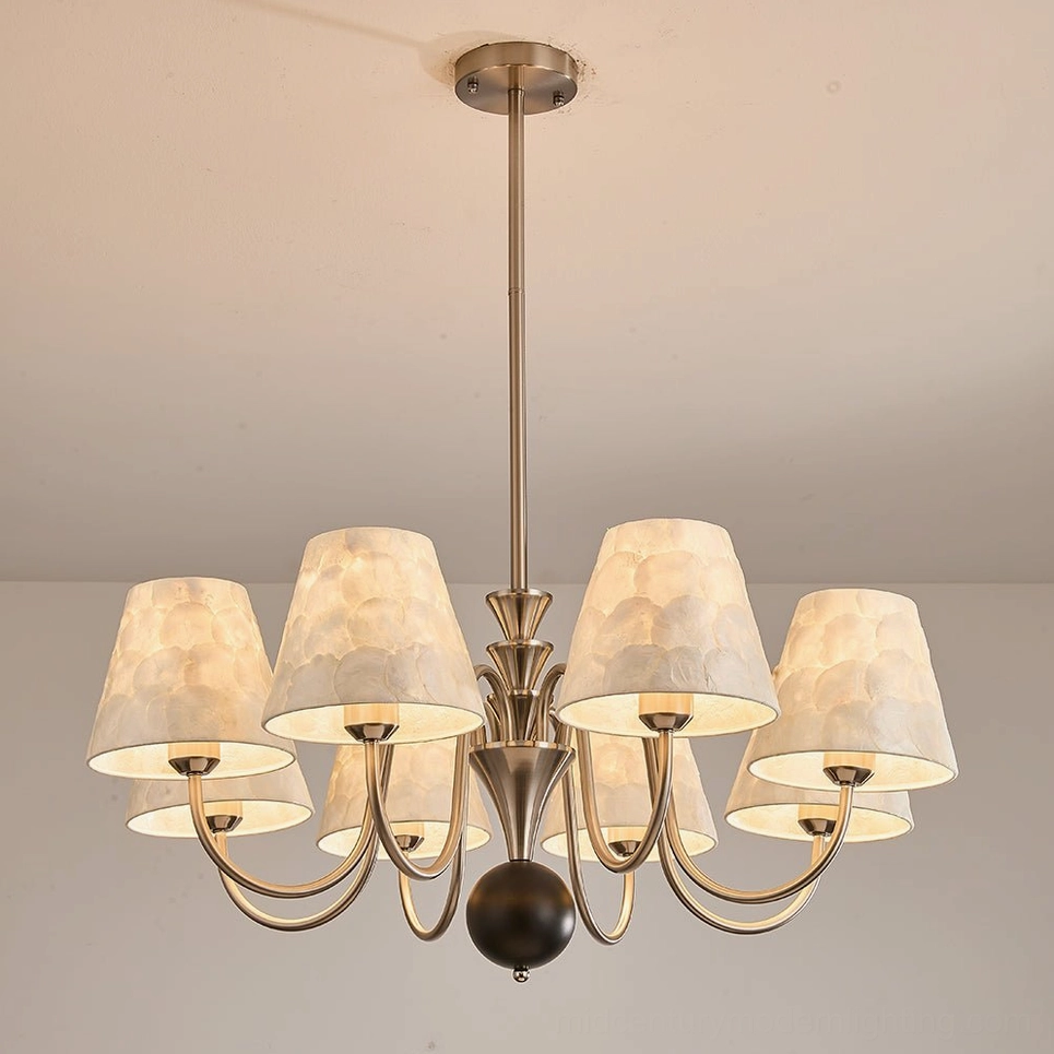 Capiz shell chandelier pearlescent glow effect showing iridescent light diffusion through natural shell panels