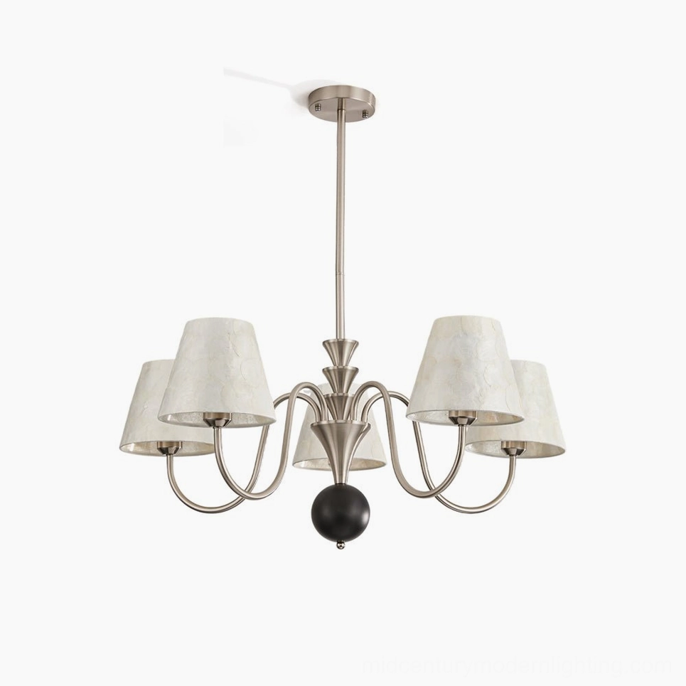 Maeve capiz shell chandelier overhead product shot with brushed brass frame and translucent mother-of-pearl shell panels