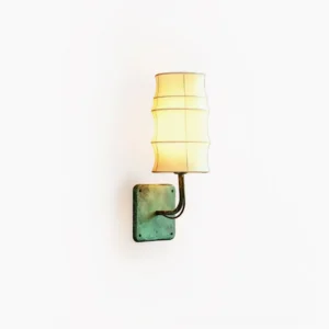 Maeve Lantern Wall Sconce with verdigris metal base and tiered fabric shade, front view