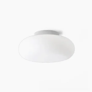 Maga Ellipsoid flush mount ceiling light - minimalist white design with chrome ring base, front studio view