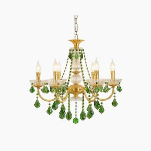 Magdalena brass and green crystal chandelier front view studio lighting mid-century modern design