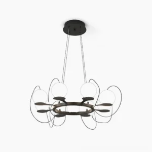 Modern magnetic bubble chandelier with frosted glass globes and matte black metal frame, front studio view