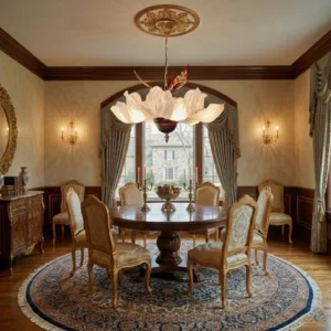 Magnolia Bloom Chandelier suspended above dining table in vintage neoclassical dining room with warm lighting
