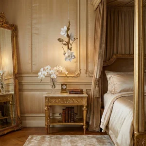 Brass and ceramic magnolia pendant light suspended in French luxury bedroom with four-poster bed and gilt furniture
