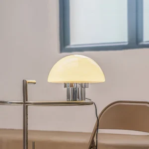 Mid-century modern mushroom lamp in contemporary cafe setting with warm ambient lighting