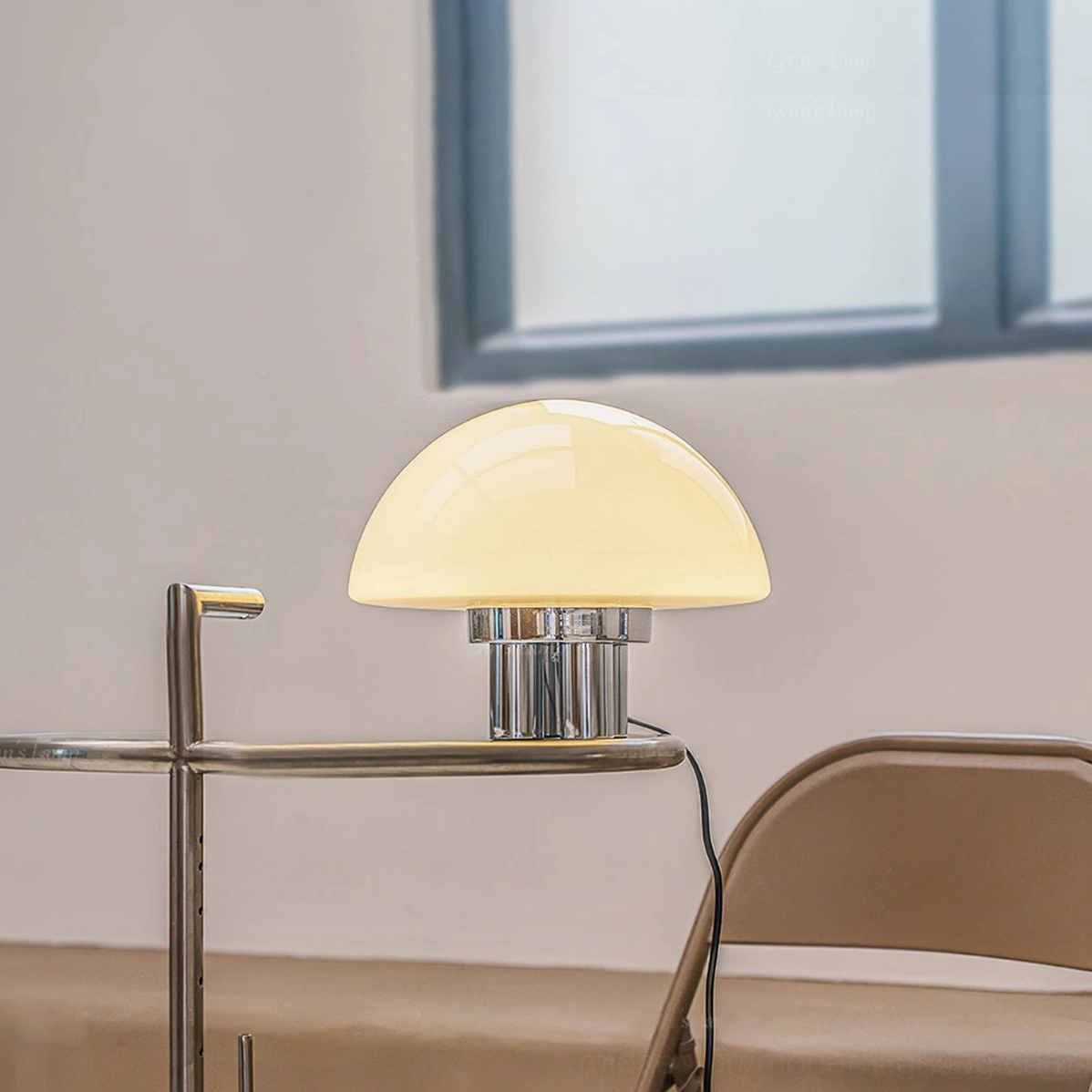 Mid-century modern mushroom lamp in contemporary cafe setting with warm ambient lighting