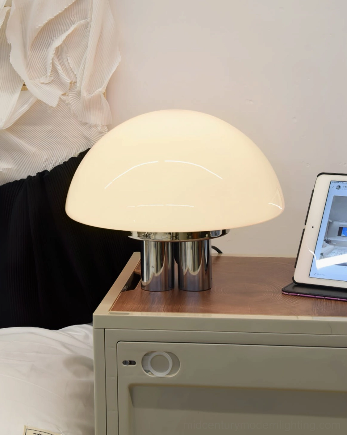 Magnolia mushroom table lamp detailed view showing chrome base and opal glass construction
