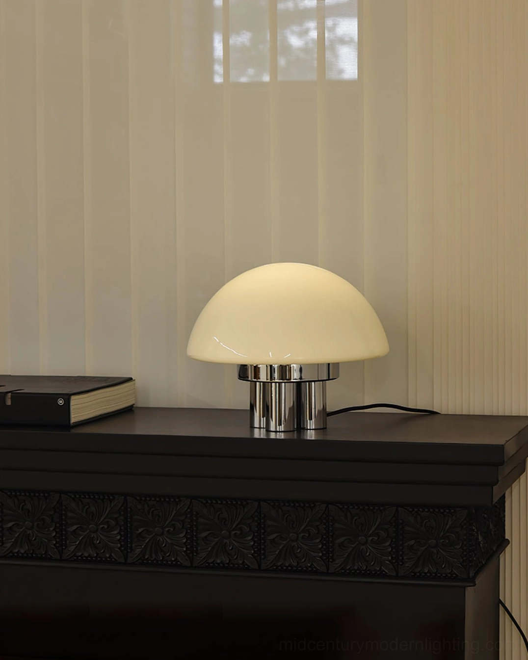 Mid-century inspired mushroom lamp with vintage Edison bulb warm nostalgic aesthetic