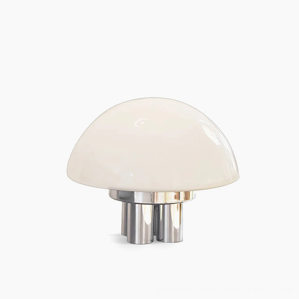 Magnolia mushroom table lamp with chrome base and opal white glass shade frontal studio view
