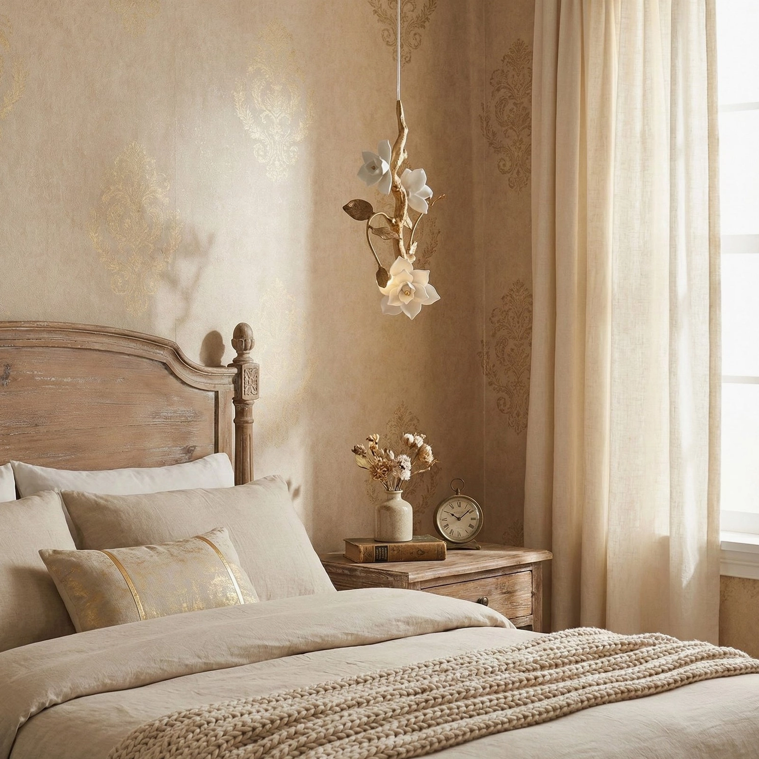 Ceramic magnolia pendant light hung above wooden bed frame in French bedroom with soft warm-toned walls