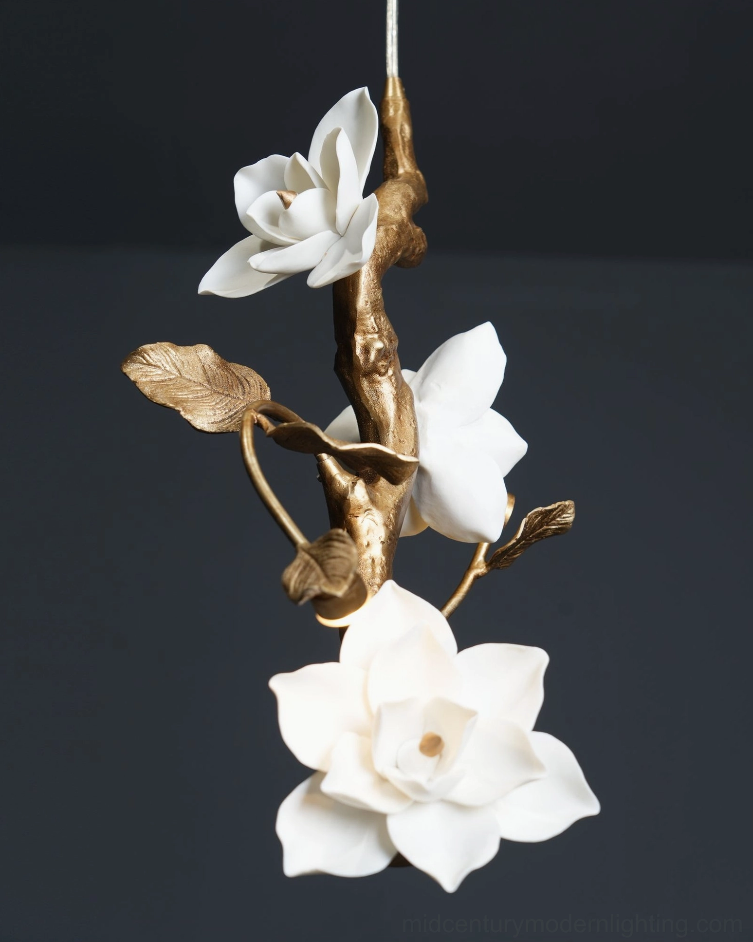 Thylane magnolia flower pendant light product detail showing brass metalwork and white ceramic floral composition