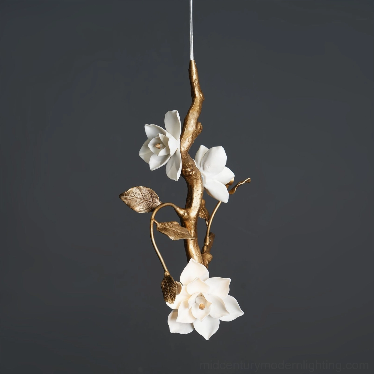 Magnolia flower pendant light creating ambient warm illumination in modern interior design space