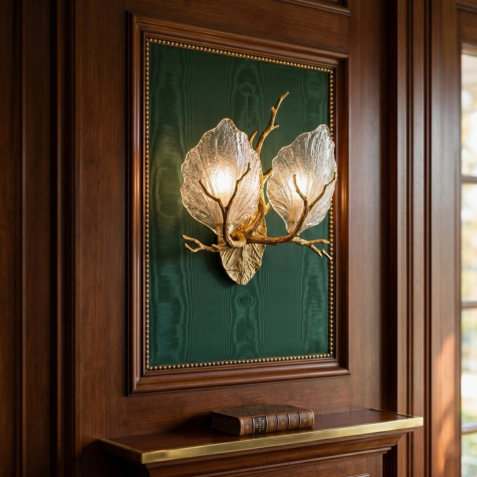 Magnolia leaf brass wall sconce mounted on green upholstered accent wall in luxury entryway with wood paneling