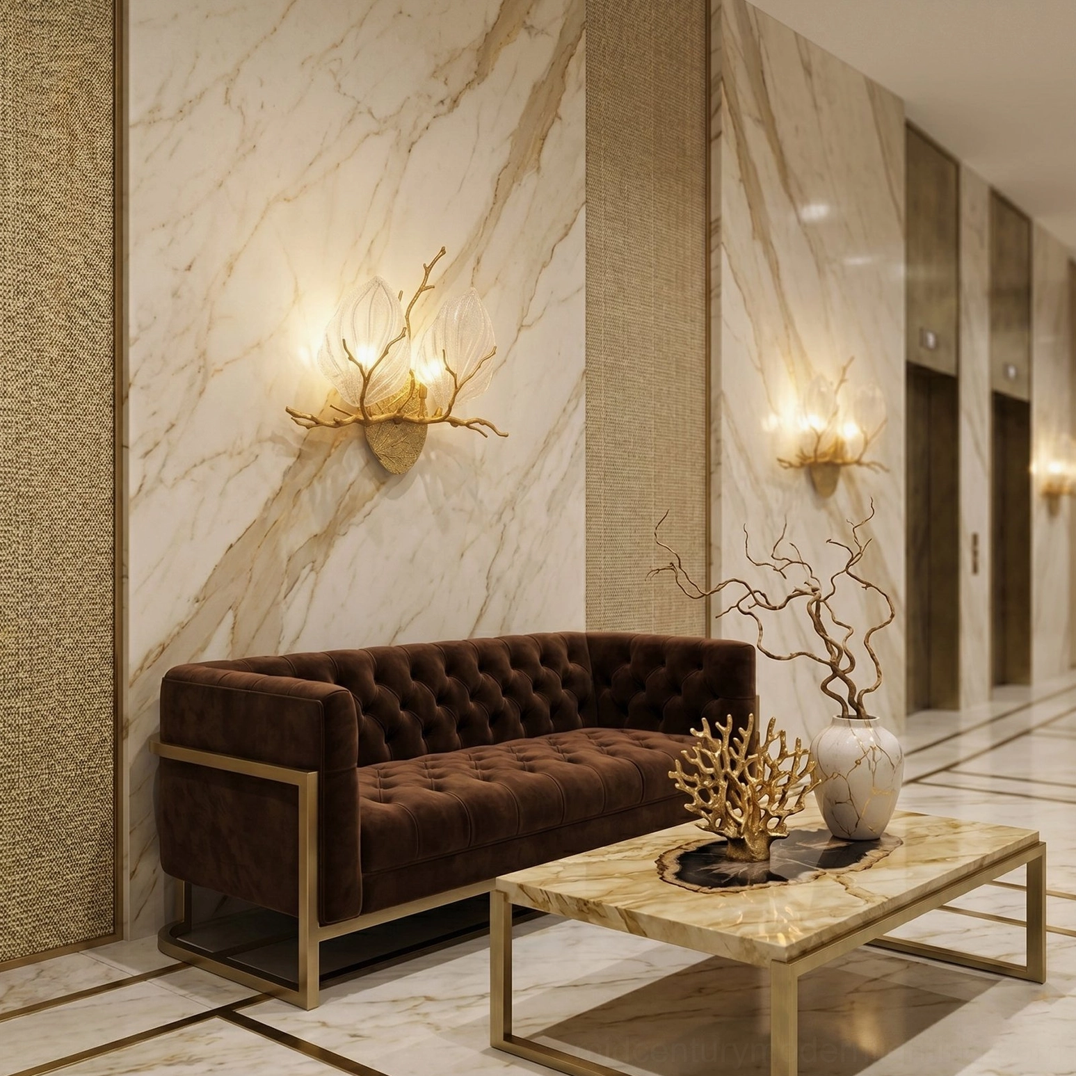Multiple magnolia brass wall sconces illuminating marble-floored luxury hallway corridor with tufted velvet sofa seating
