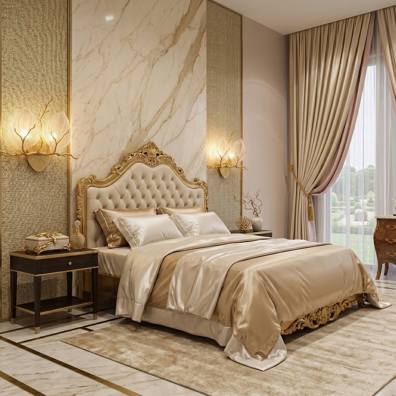 Pair of magnolia leaf brass sconces flanking tufted upholstered headboard in neutral luxury master bedroom with warm lighting