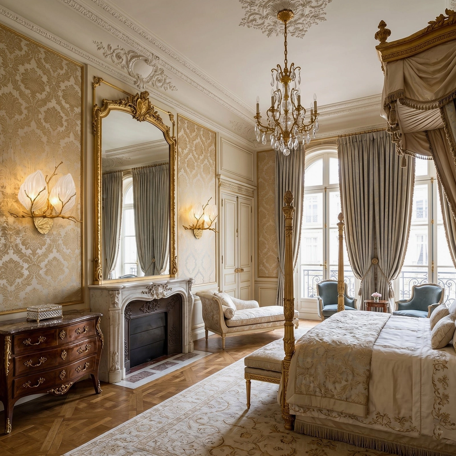 Four magnolia brass wall sconces in grand European master bedroom with four-poster bed and gilded fireplace mirror