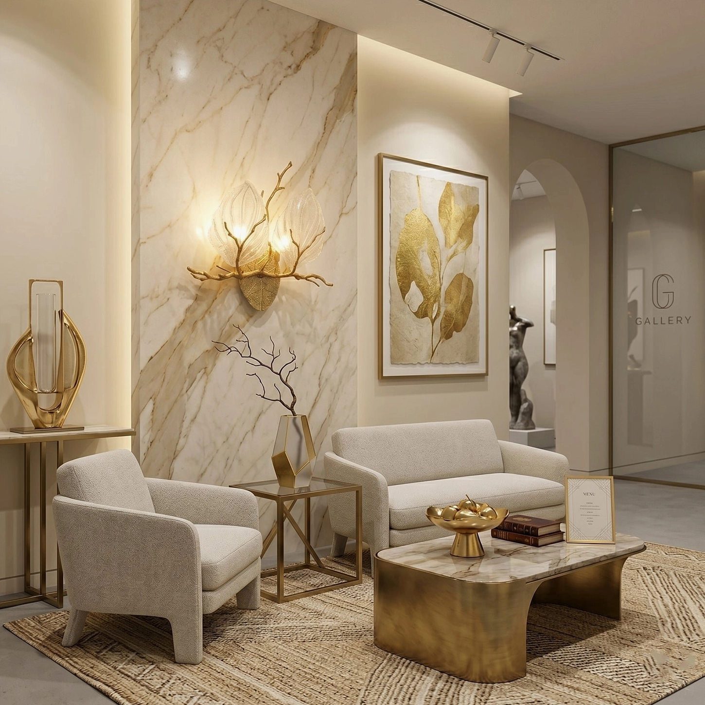 Pair of magnolia brass sconces installed on marble accent wall in modern minimalist luxury sitting room with neutral furniture