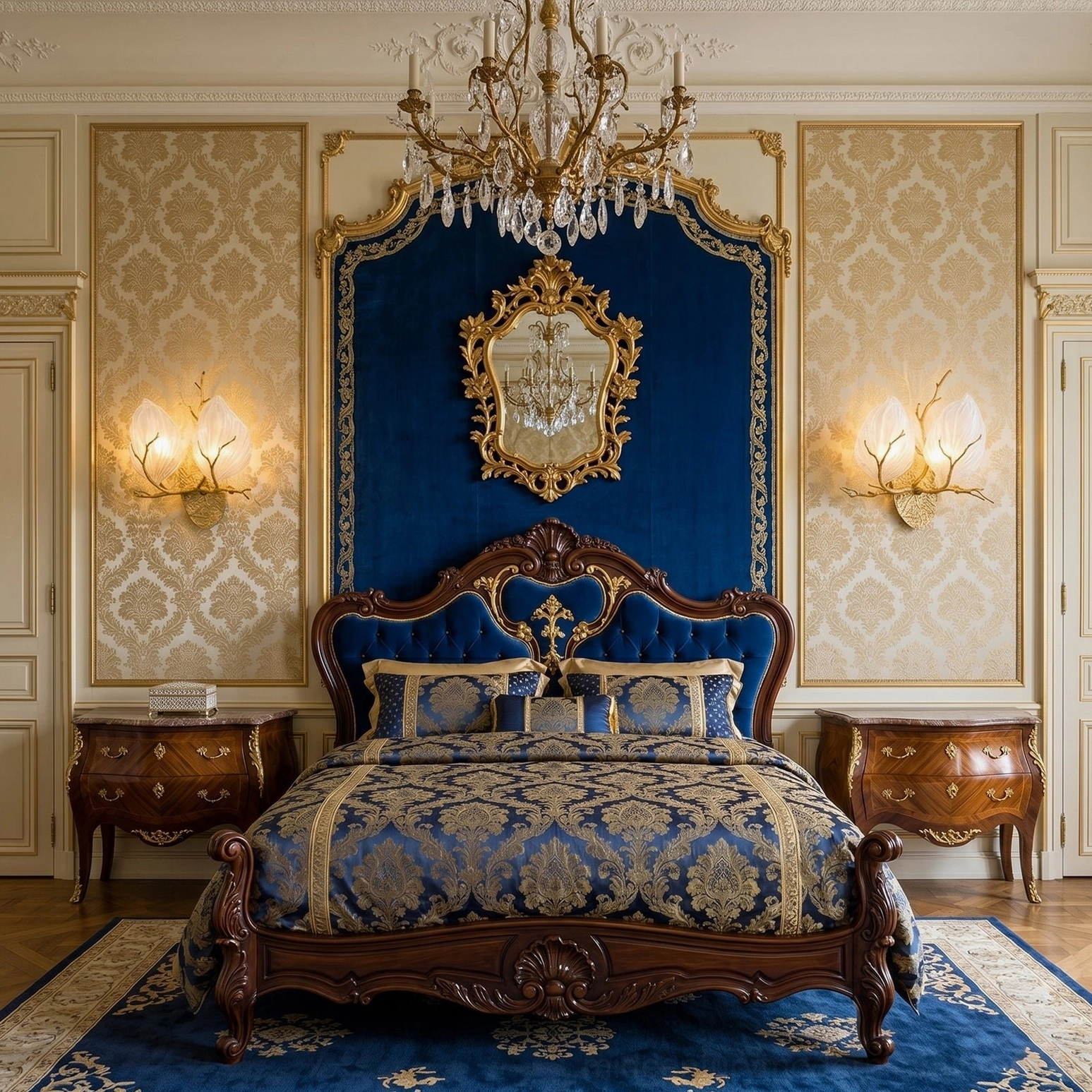 Pair of magnolia brass wall sconces flanking gilded mirror above blue velvet upholstered neoclassical bed in royal bedroom