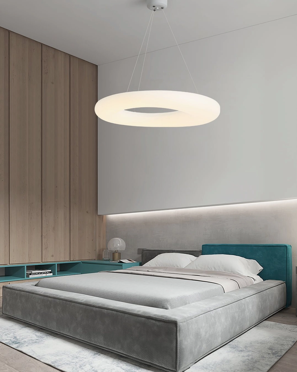 Contemporary Magoo pendant lamp with wood-accented modern bedroom design