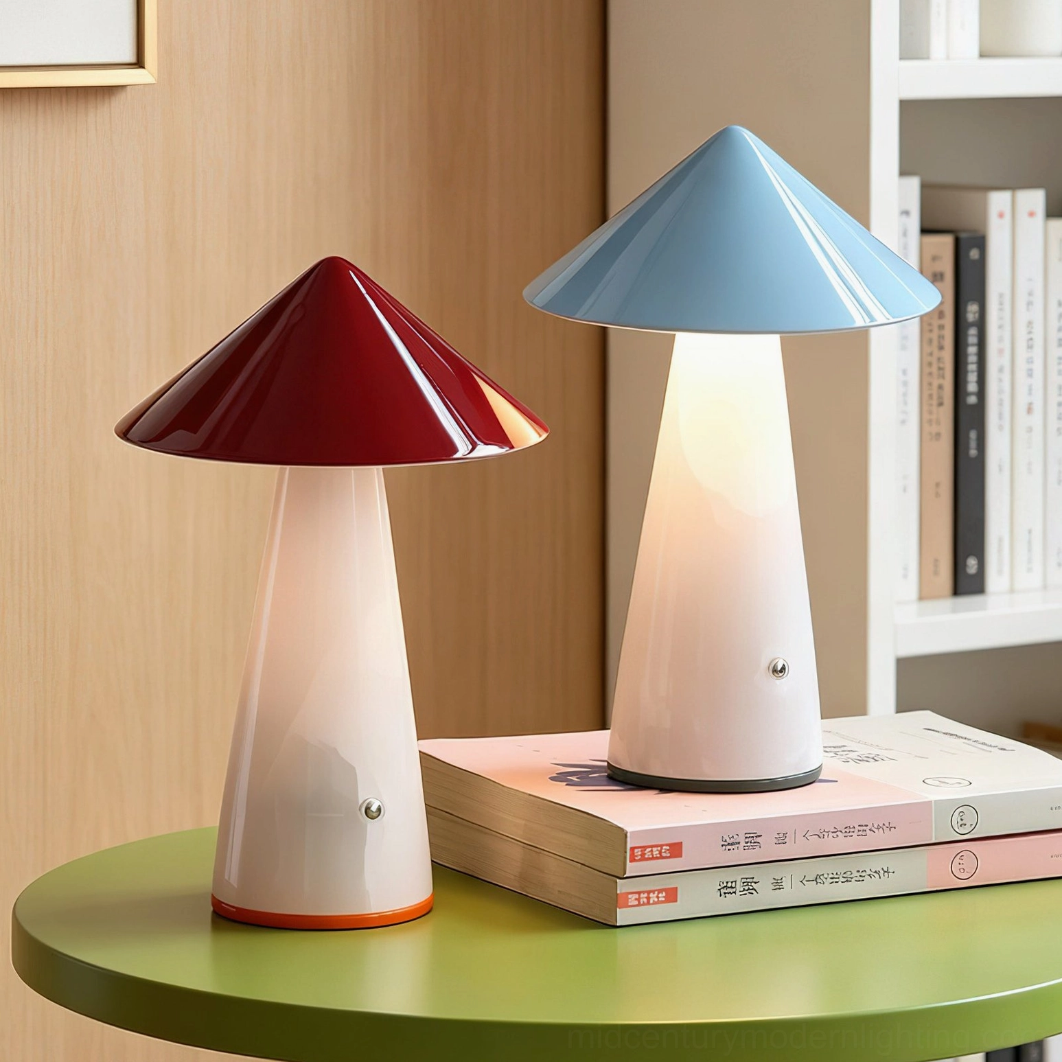 Two Maisie rechargeable table lamps in contrasting colors displayed on side table with stacked books, showcasing mid-century modern design
