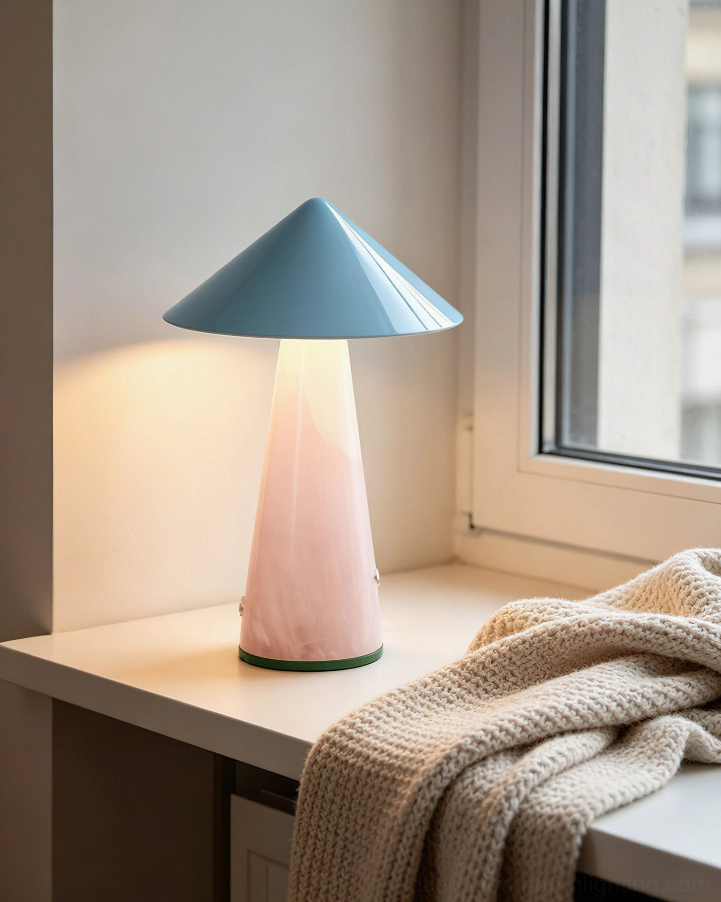 Single Maisie cordless lamp positioned on windowsill desk with knit blanket, showcasing minimalist bedroom and workspace lighting