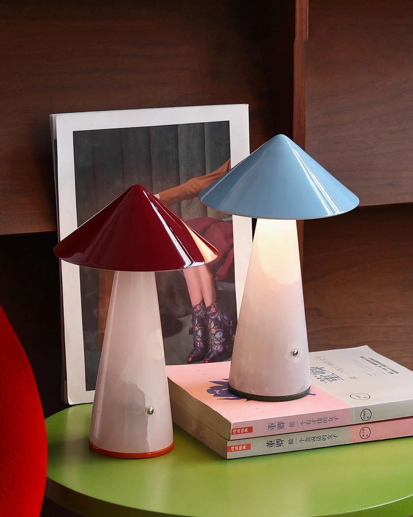 Maisie LED accent lamps styled on green side table with home décor and framed artwork, demonstrating versatile living room placement