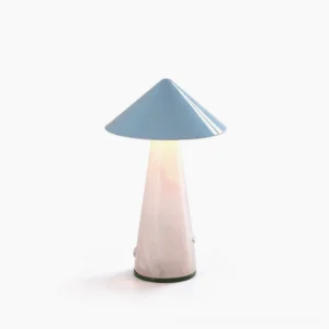 Maisie cordless rechargeable LED table lamp with glossy blue cone shade and glowing tapered jade base on white background