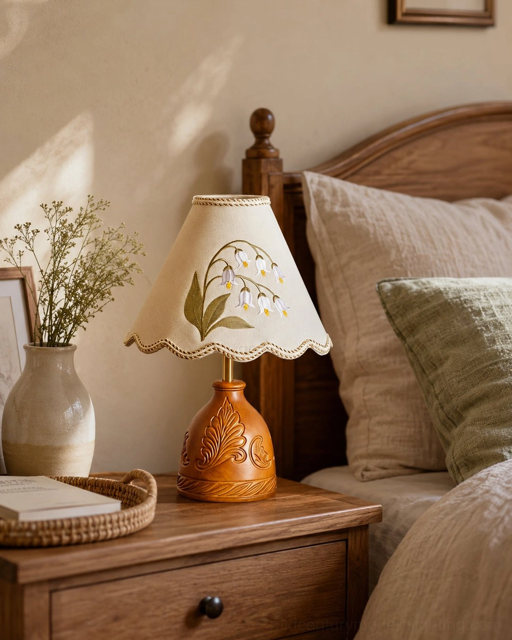 Mid-century modern embroidered table lamp with scalloped fabric shade and carved botanical base detail view