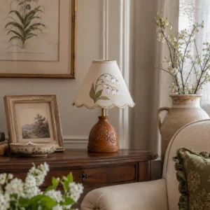 Vintage-style embroidered table lamp styled on bedroom dresser with framed botanical art and fresh greenery for cottage aesthetic