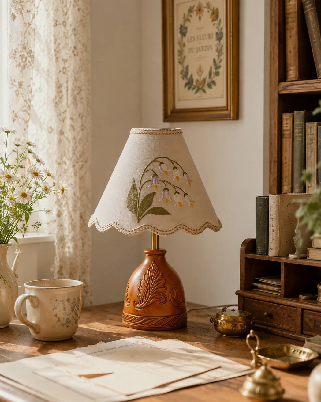 Artisan embroidered table lamp on home office wooden desk with stacked books lace curtain and bookshelf background