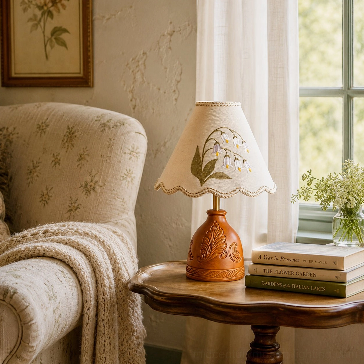 Hand-embroidered table lamp displayed on wooden side table with stacked books creating cozy living room vignette
