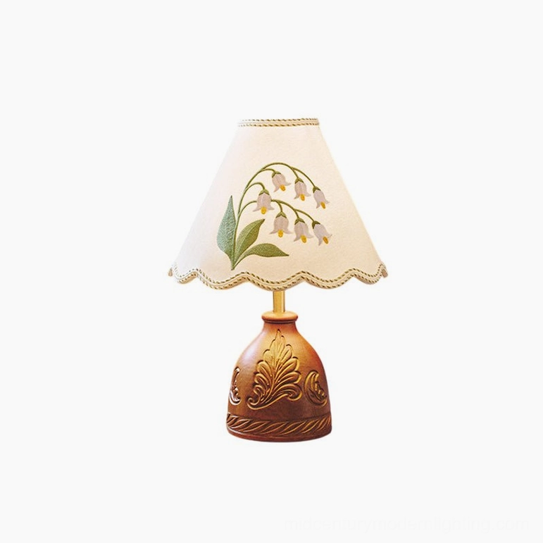 Maisie hand-embroidered table lamp Model A compact size with carved wood base botanical motif