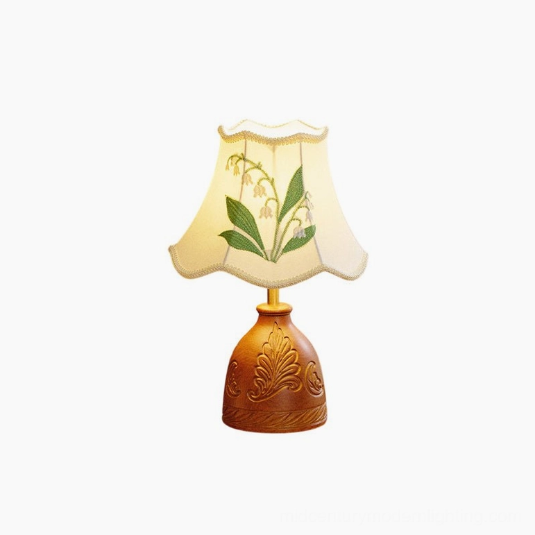 Maisie hand-embroidered table lamp Model B with carved base cream shade and textile trim detail