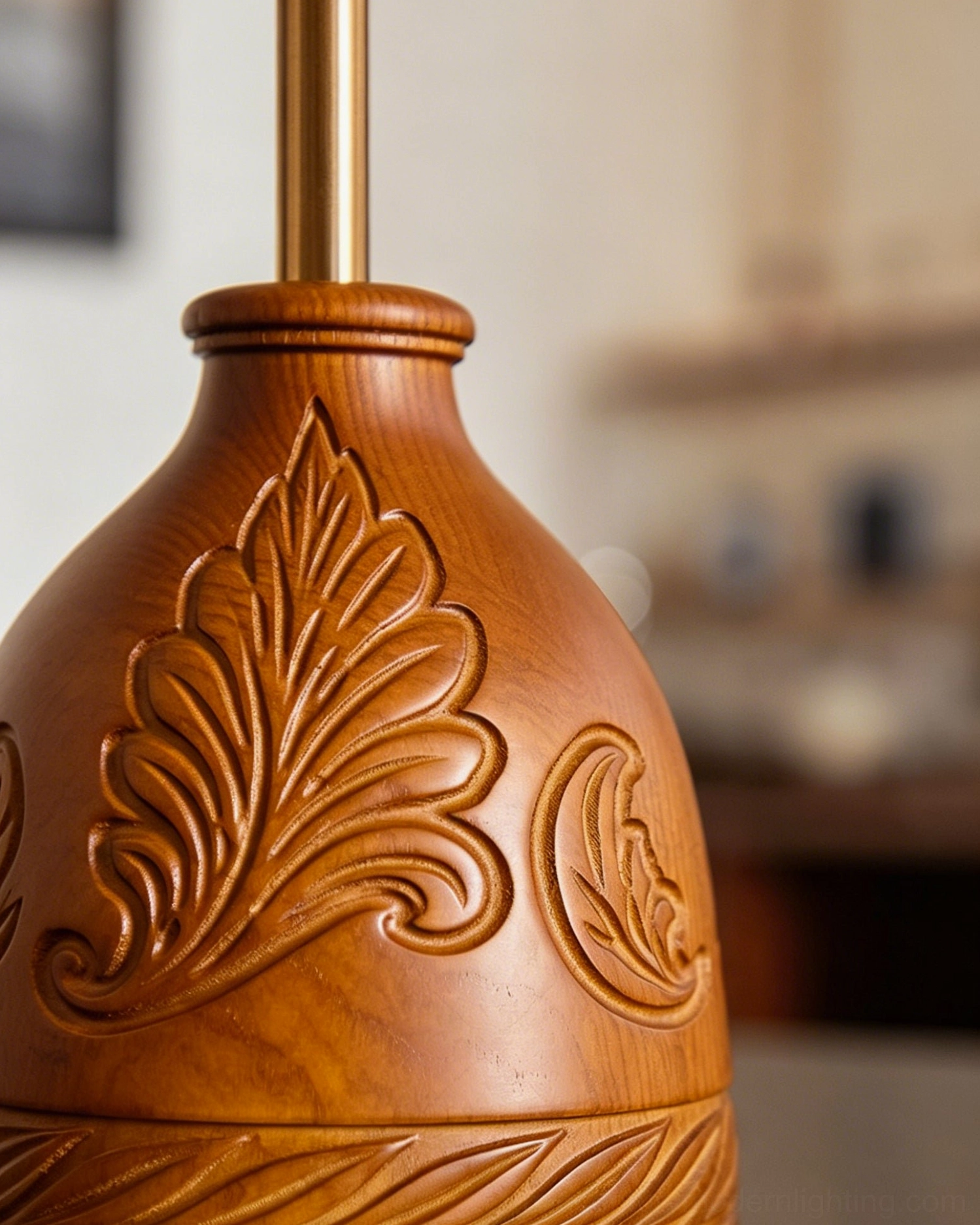Side view of embroidered table lamp highlighting scalloped shade edge braided trim and walnut wood base
