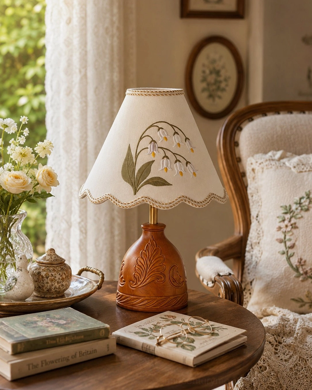 Hand-embroidered cream fabric shade table lamp on sunlit round table with vintage tea set and fresh flowers