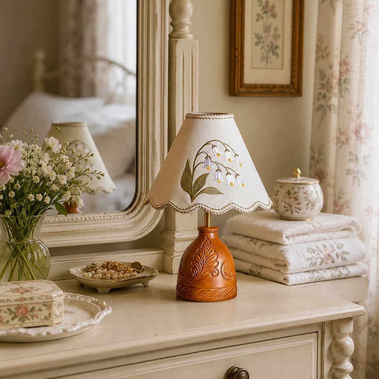 Mid-century embroidered table lamp on vintage white dresser with vanity accessories and folded linens styling