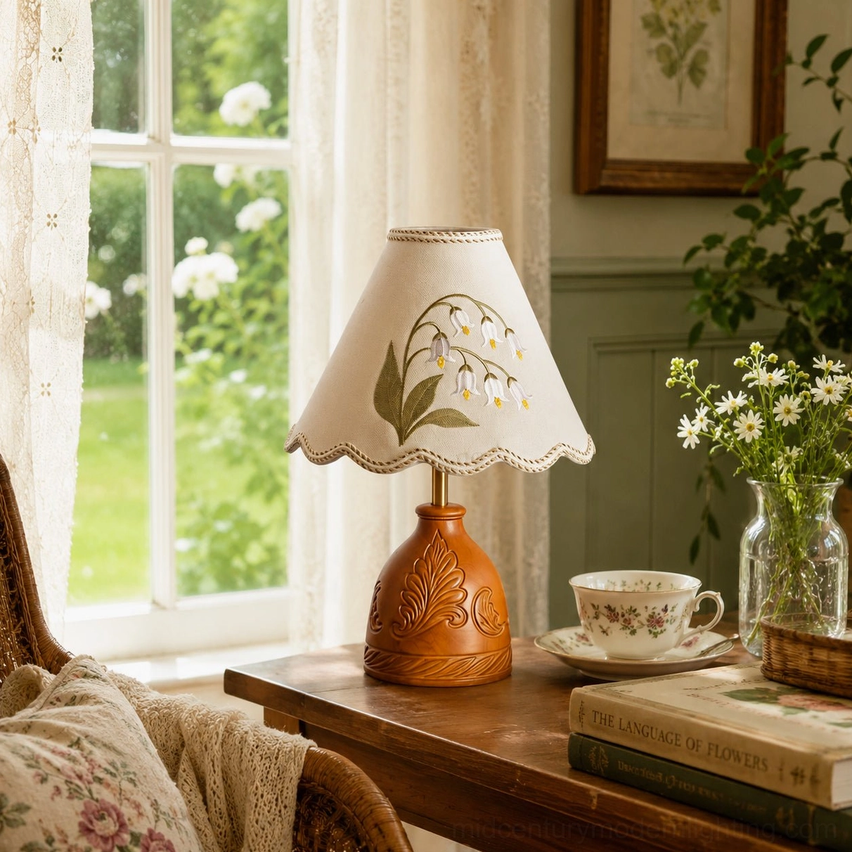 Carved wood base table lamp on sunlit window side table paired with teacup and fresh flower arrangement