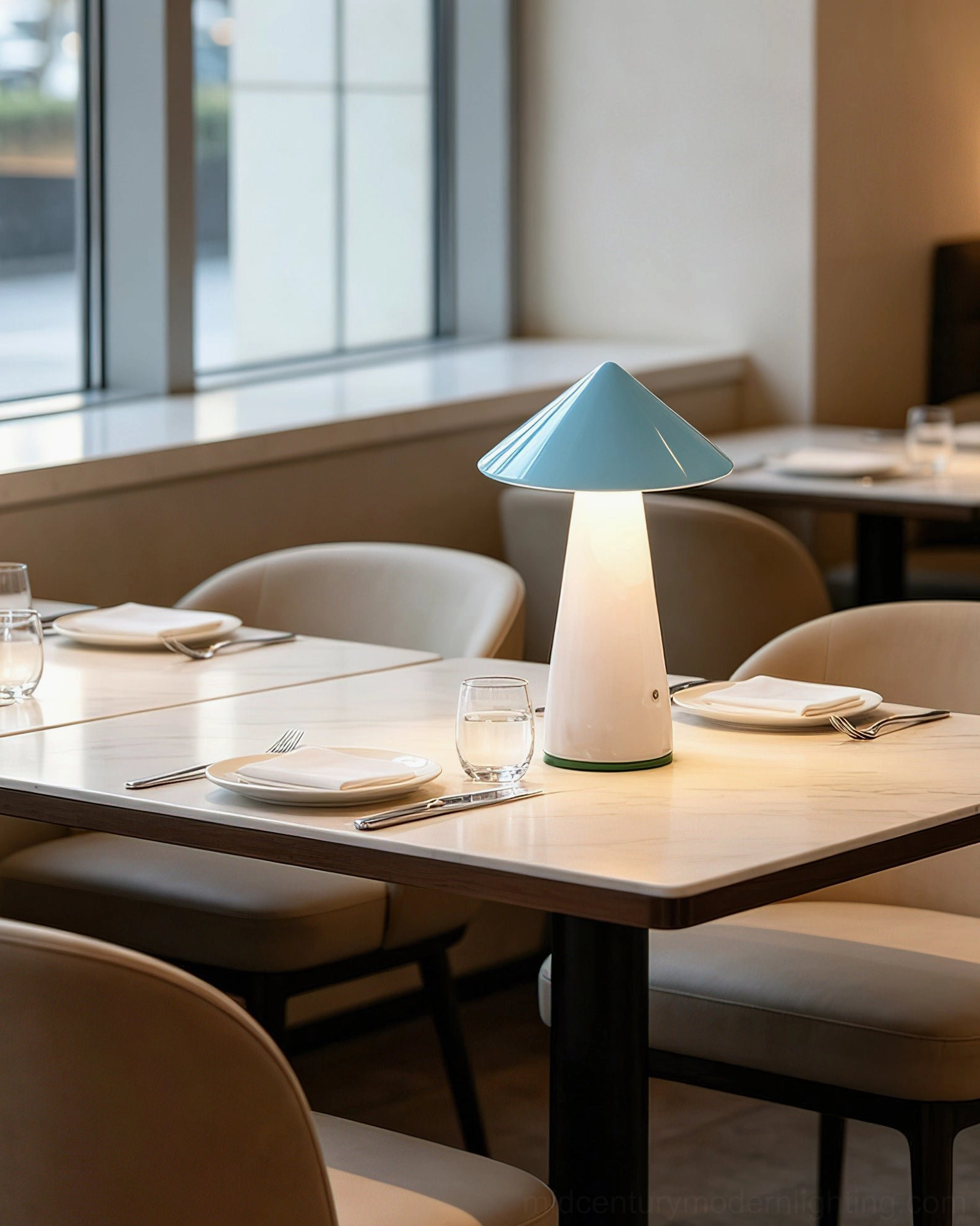 Maisie cordless LED table lamps creating warm ambient lighting in casual restaurant dining area with modern interior design