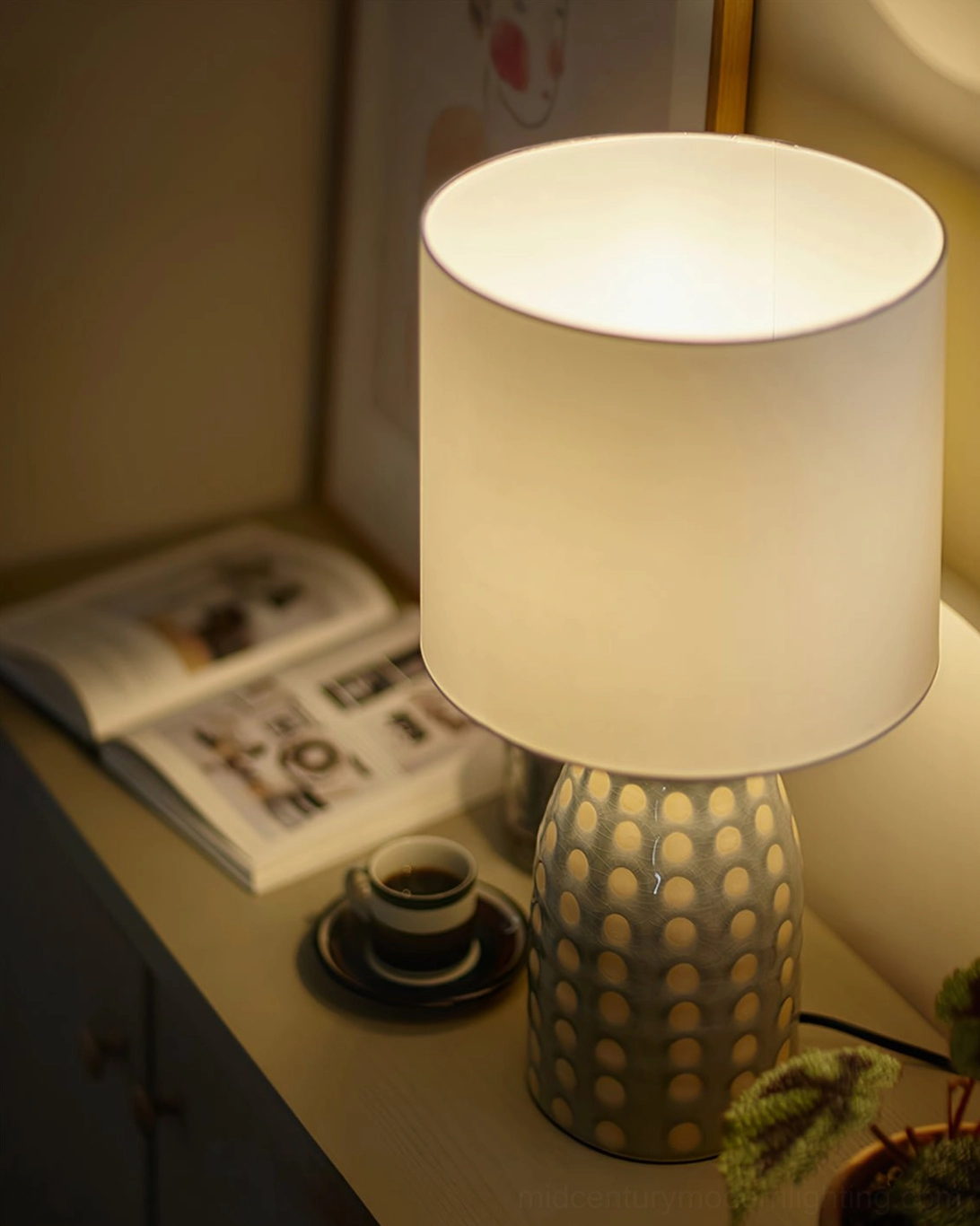 Handcrafted ceramic patterned bohemian table lamp detailed view showing intricate textile-inspired geometric design