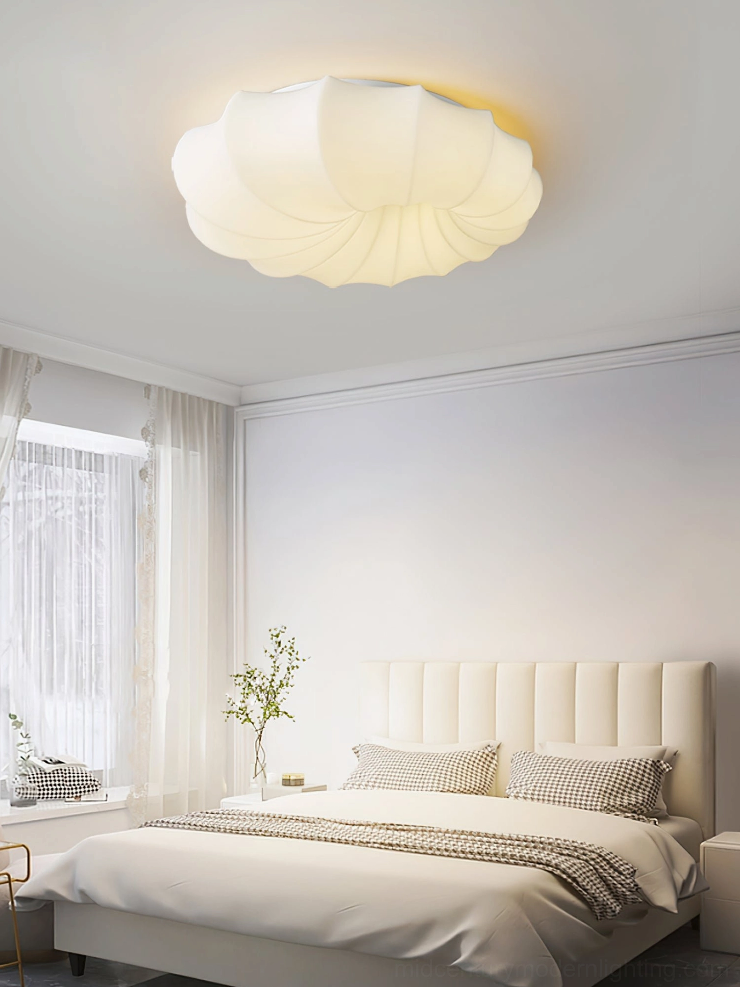 Cozy minimalist bedroom interior with malibu off-white ceiling lamp and sheer curtains