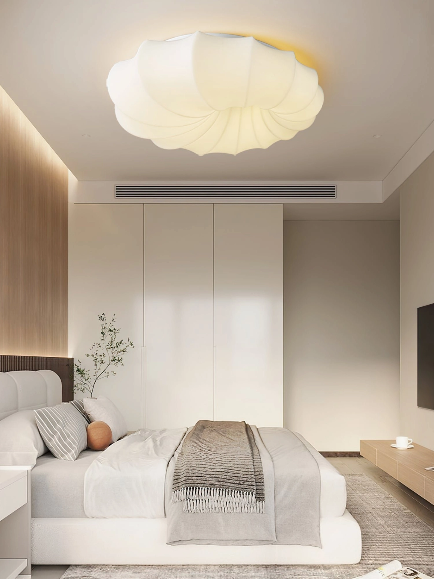 Modern bedroom with malibu cream shell lamp wall-mounted tv and wooden accents