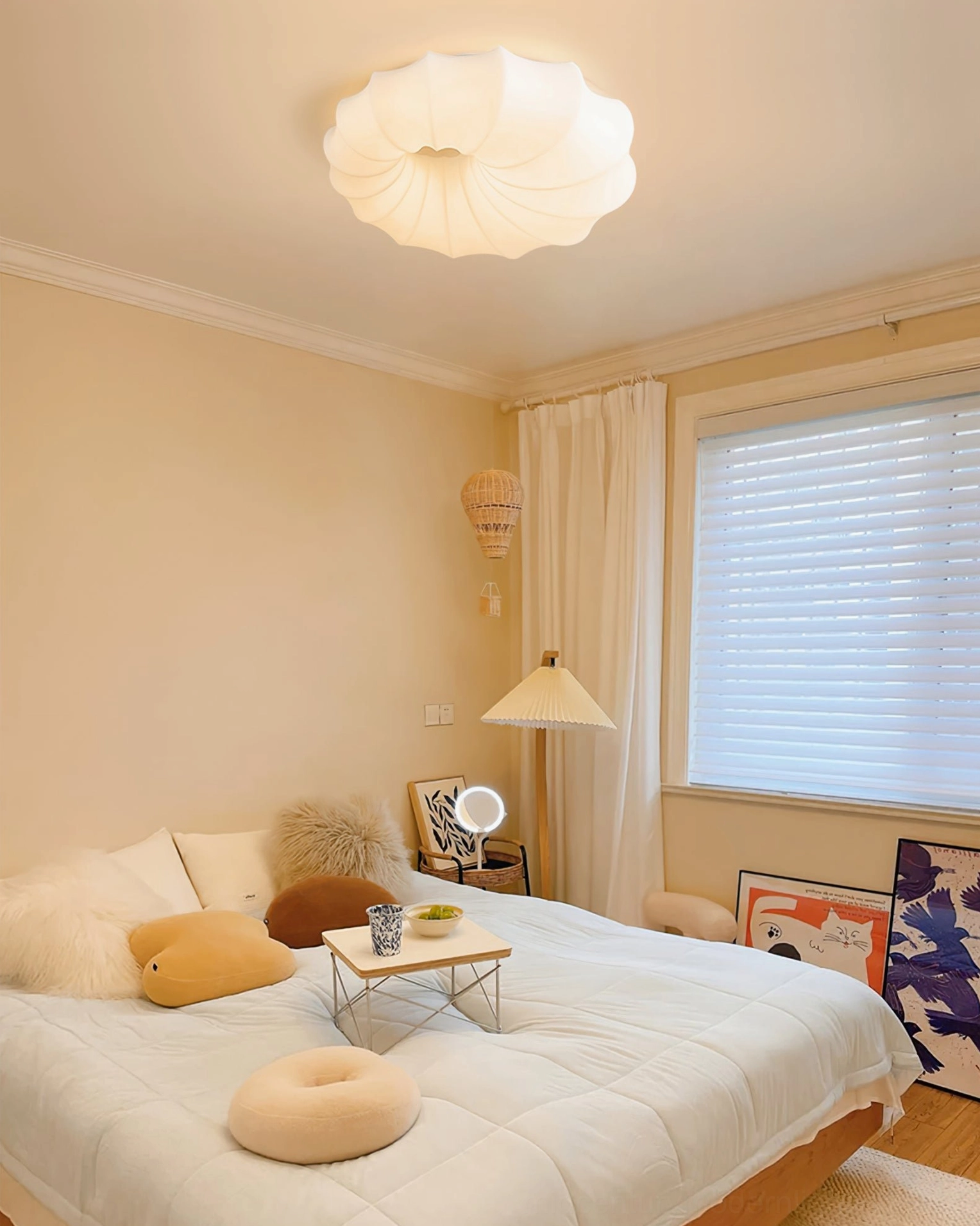 Malibu off-white flush mount lamp demonstrating light distribution in room setting